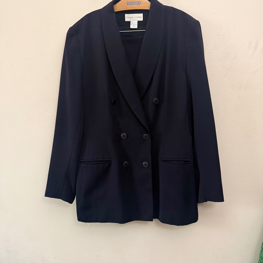 Casual Corner Navy Blue Skirt Suit Set Double Breasted Shawl Collar Blazer 16